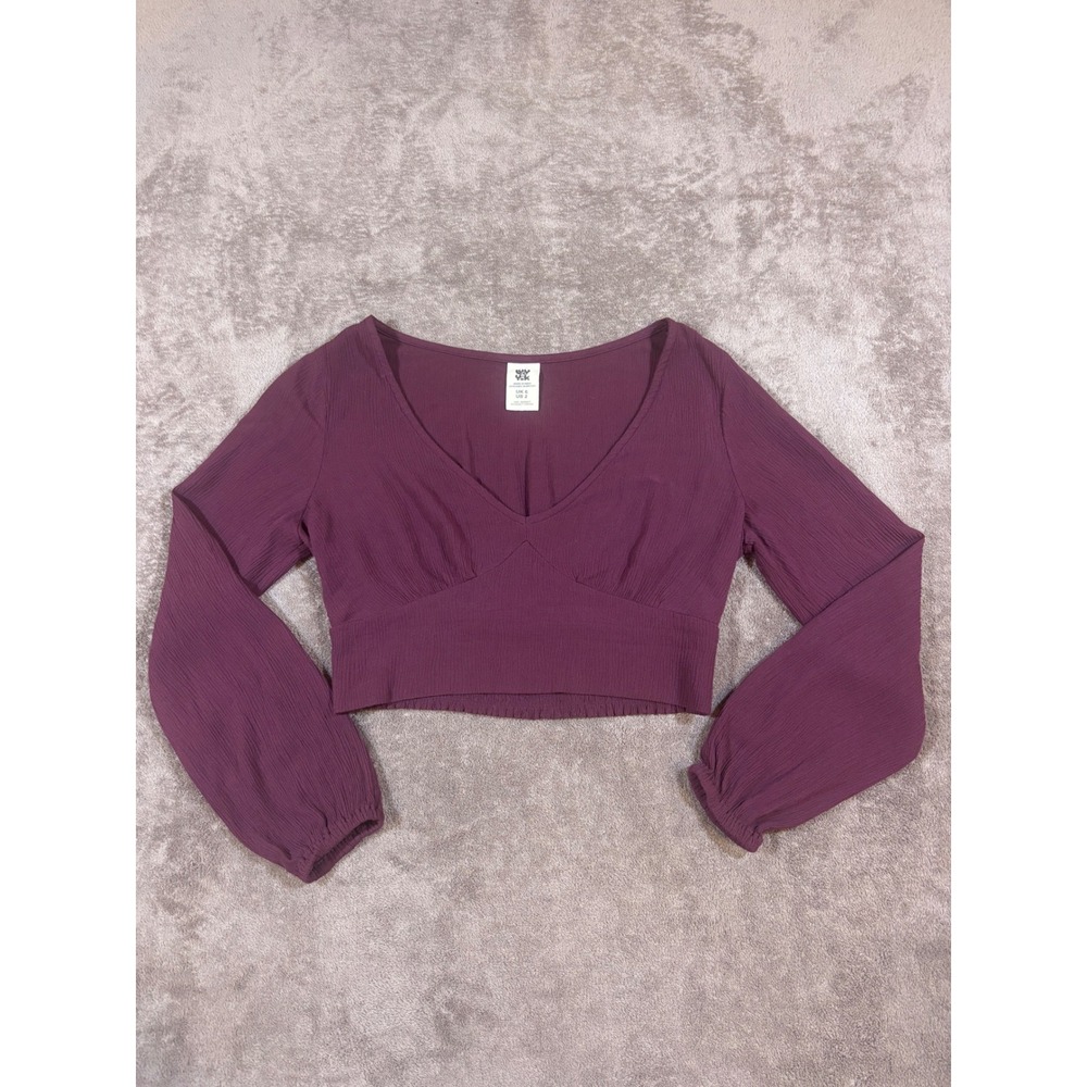 Lucy & Yak Maroon V-Neck Long Sleeve Smocked Crop Top US 2 UK 6